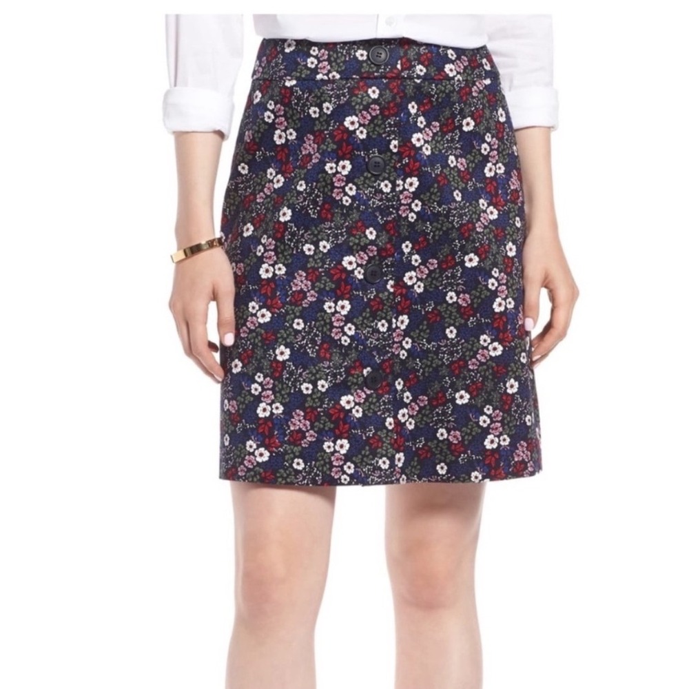 1901 Nordstrom Floral Button Front Mini Skirt Navy Blue Multicolor 4P